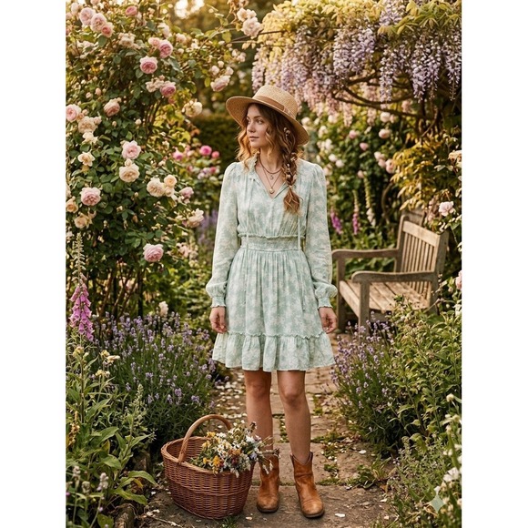 Blu Pepper Dresses & Skirts - Blu Pepper Sage Green Floral Mini Dress‎ Medium Cottagecore Boho Ruffle Smocked